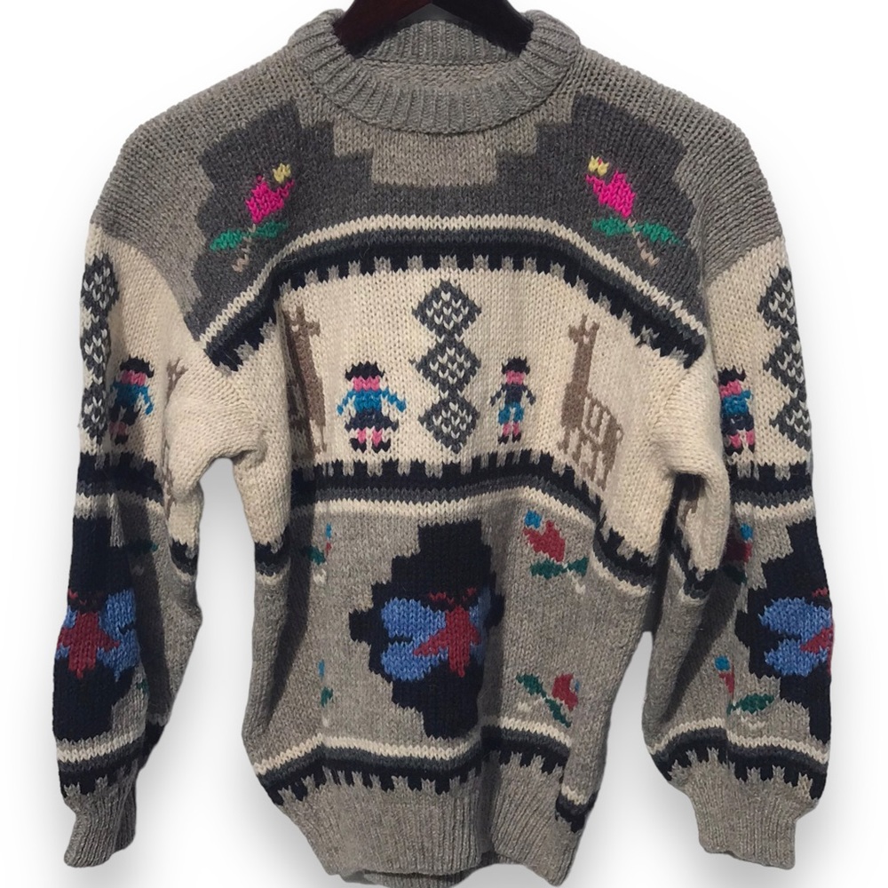 Hand knit Natural Fiber Sweater Peruvian Llamas - XL